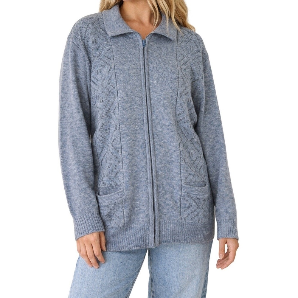 Zip-Front Collared Knit Cardigan in Light Blue